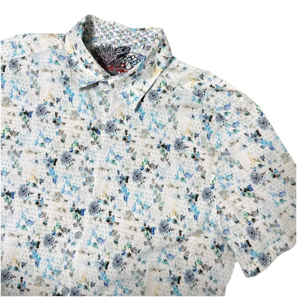 Robert Graham Shirt Men's XL Blue Green Floral Printed Short Sleeve Classic
